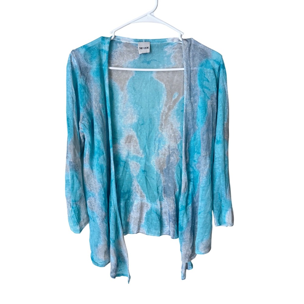 NIC+ZOE Turquoise Grey Abstract Tie Dye Open Front Lightweight Cardigan Sweater